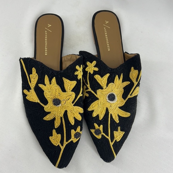 Anthropologie Black Gold Embroidery Fabric Mules - Picture 2 of 9